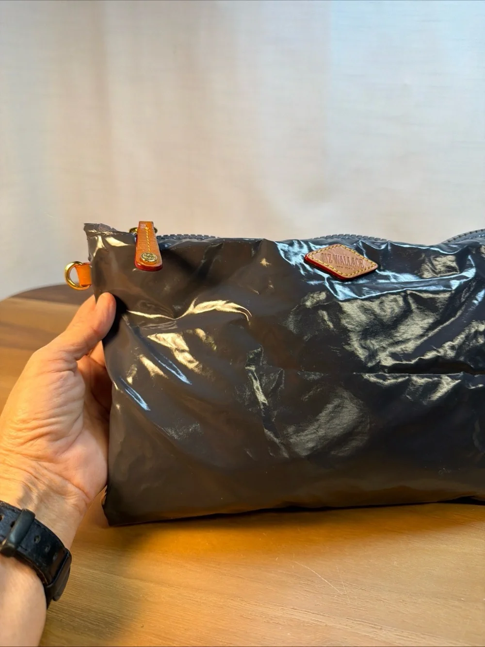 MZ Wallace Glossy Black Lacquer Nylon Zip Pouch Makeup Cosmetic Bag 12x 8” Gray